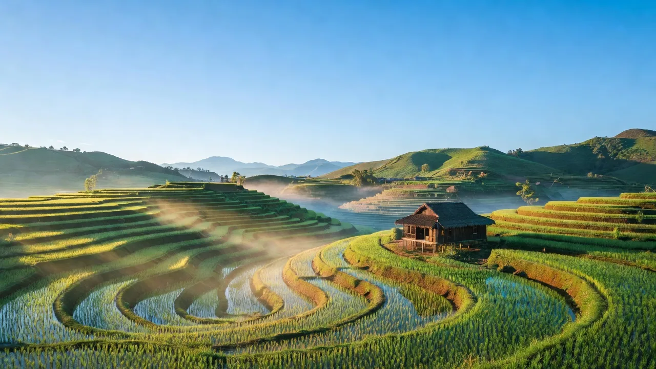 Cảnh quan Xã La Pan Tẩn, Mường Khương với đồi núi, ruộng bậc thang, và nhà dân tộc.
