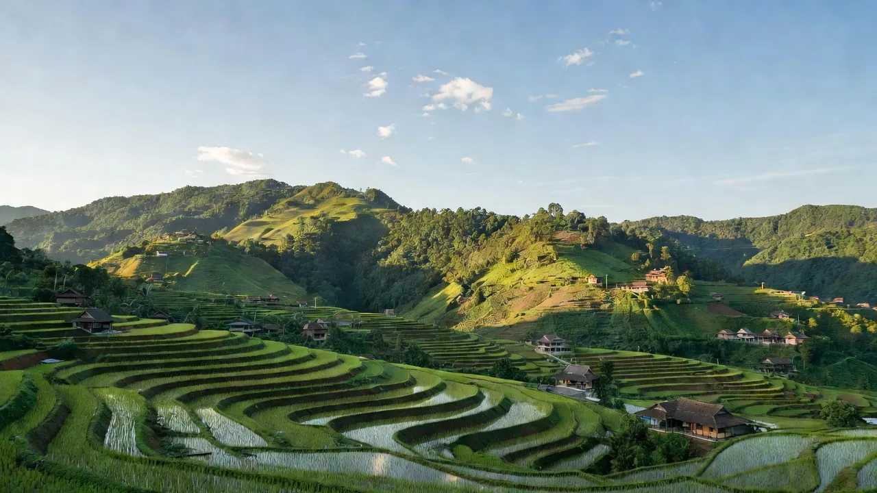 Phong cảnh xã La Pan Tẩn, Mường Khương với ruộng bậc thang và nhà dân tộc, không khí trong lành.