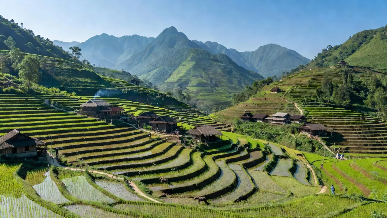 Khung cảnh đẹp xã Lùng Khấu Nhin, huyện Mường Khương với ruộng bậc thang và núi non, miền Bắc Việt Nam.