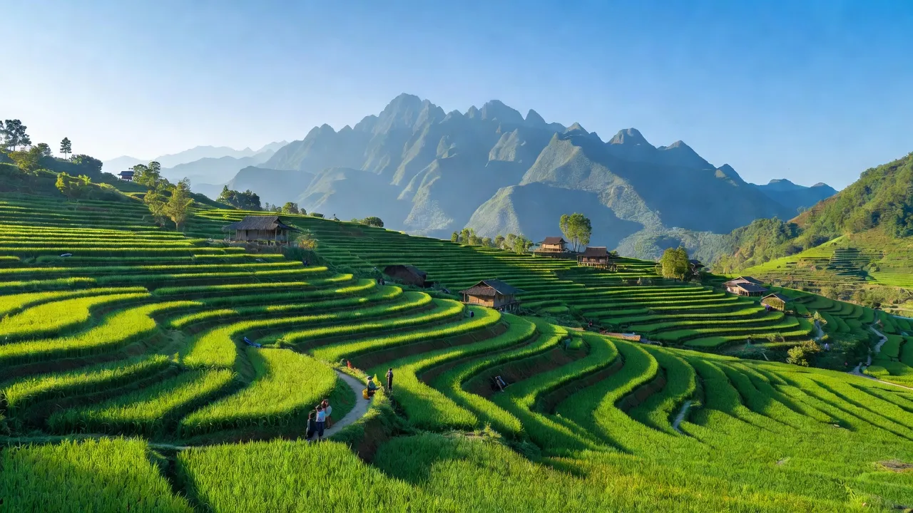 Ruộng bậc thang xanh tươi ở xã Lùng Khấu Nhin, huyện Mường Khương, Lào Cai, với núi non bao quanh.