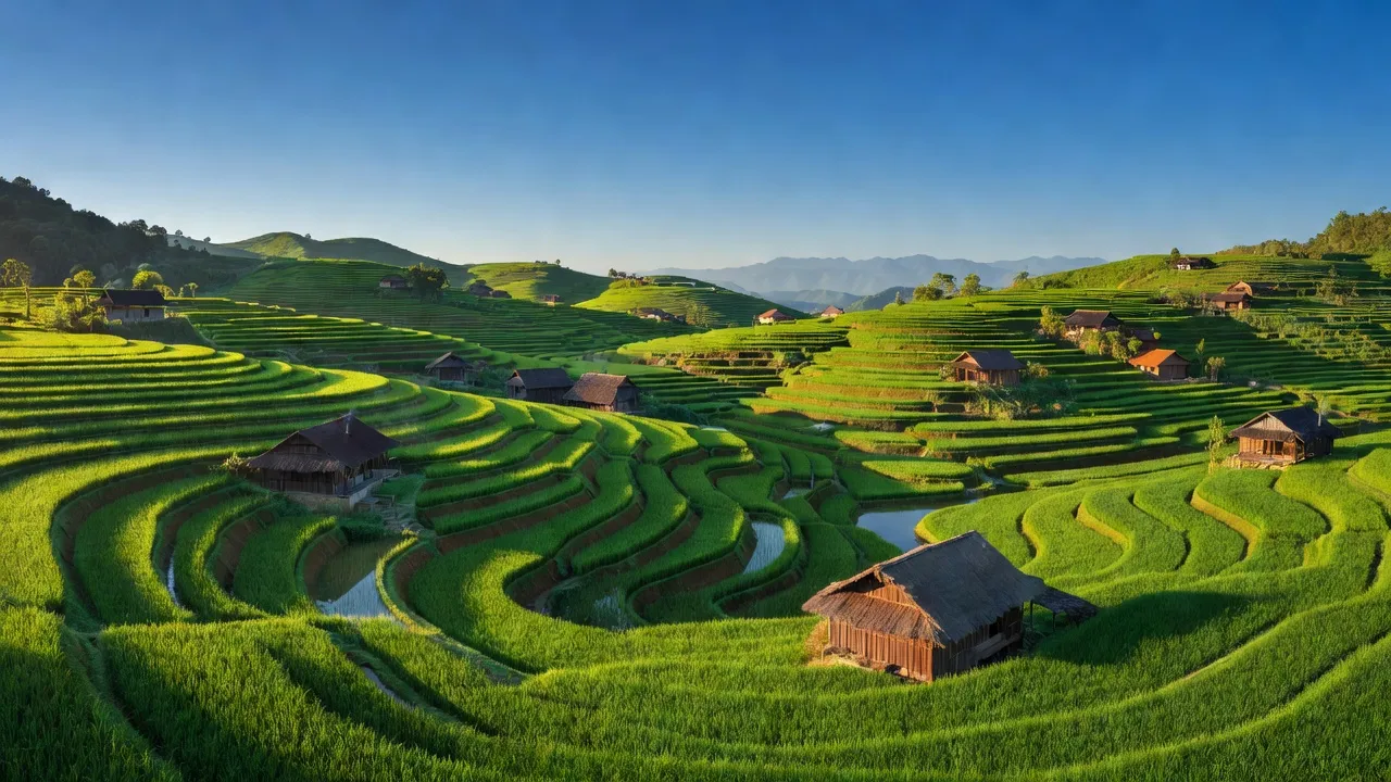 Khung cảnh Xã Lùng Vai, huyện Mường Khương, Lào Cai với ruộng bậc thang và nhà gỗ truyền thống.