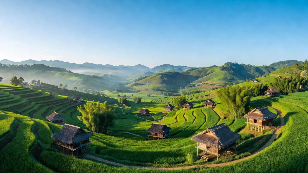 Khung cảnh đẹp của Xã Nậm Chảy, Huyện Mường Khương, Tỉnh Lào Cai với đồi núi và nhà truyền thống.