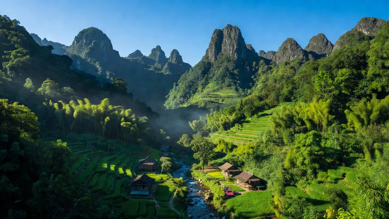 Khung cảnh Xã Nậm Chảy, Huyện Mường Khương, Tỉnh Lào Cai với núi non, thung lũng và bản làng.