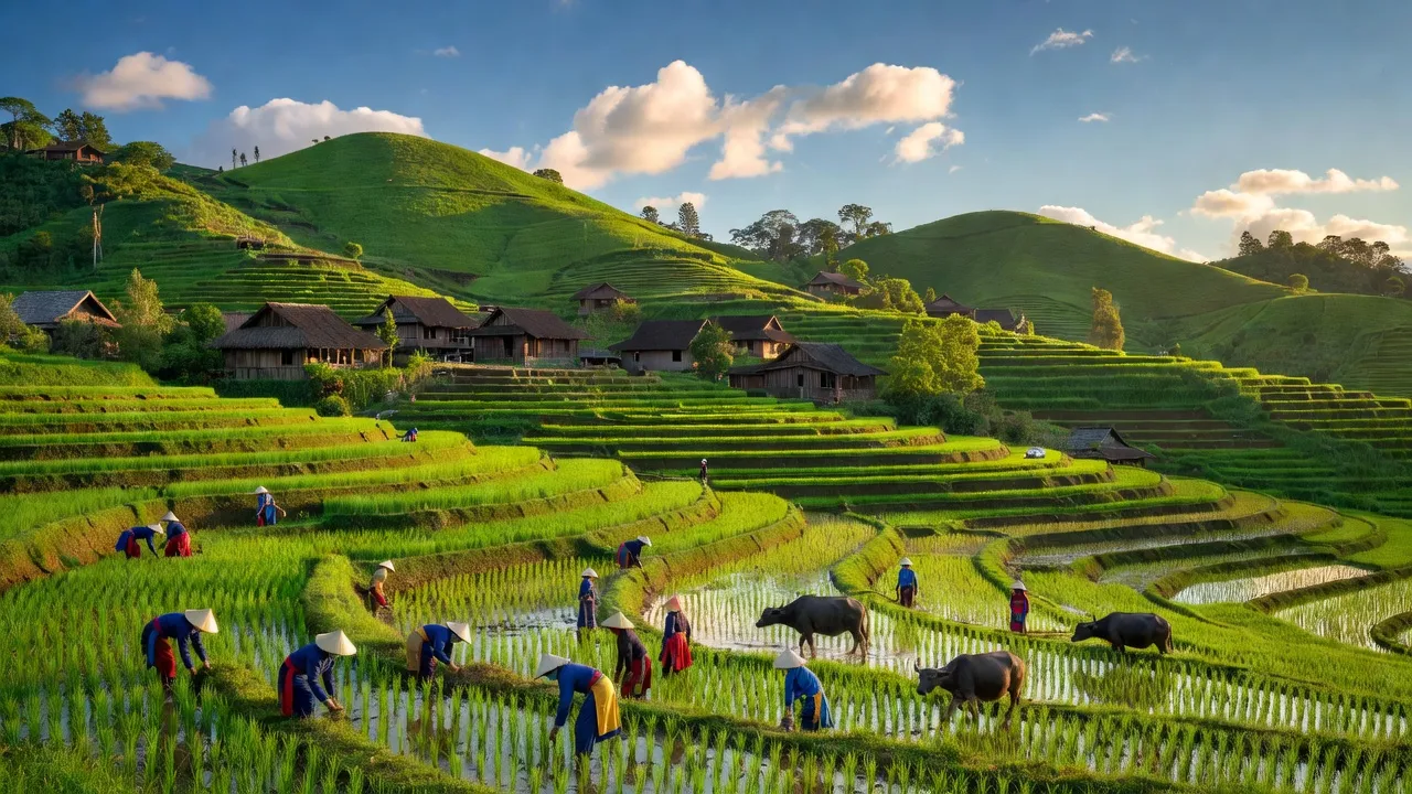Quang cảnh Xã Nấm Lư, Huyện Mường Khương, với đồi núi xanh, ruộng bậc thang và nhà gỗ.