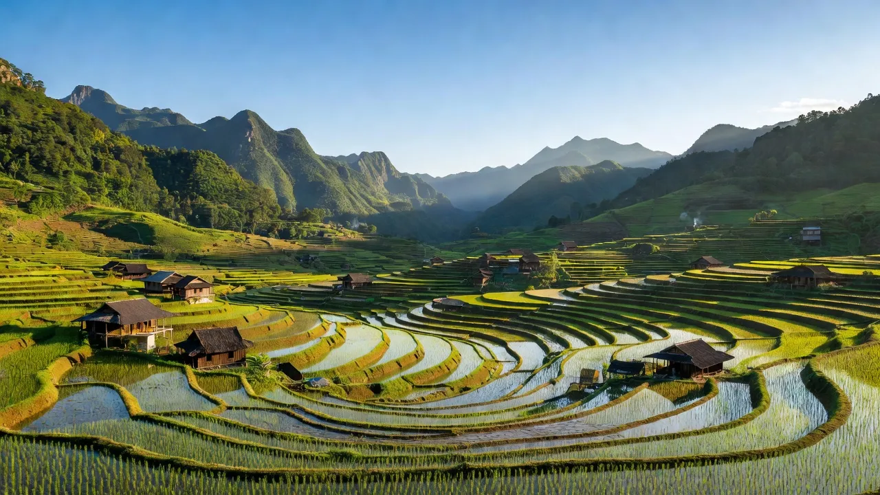 Xã Nấm Lư, Mường Khương, Lào Cai với ruộng bậc thang và nhà gỗ giữa núi non.