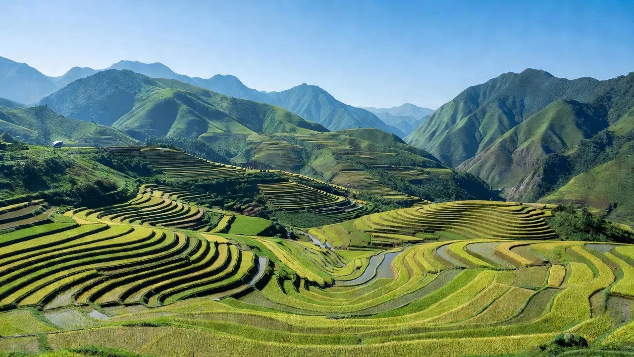 Phong cảnh xã Pha Long, huyện Mường Khương, Lào Cai, với núi non và ruộng bậc thang xanh tươi.