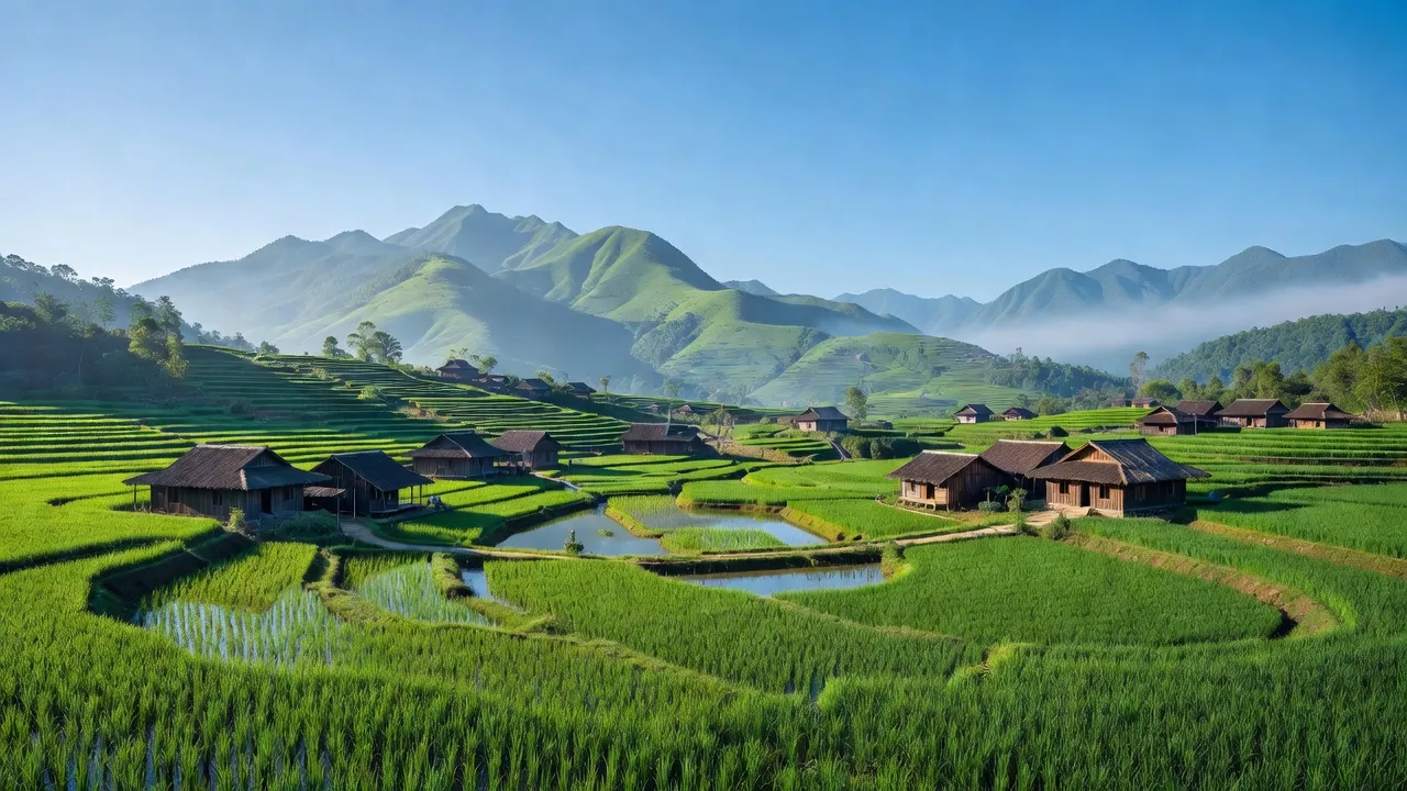 Toàn cảnh Xã Pha Long, Huyện Mường Khương, Tỉnh Lào Cai với cánh đồng xanh và nhà gỗ.