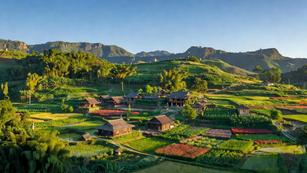 Cảnh đẹp xã Tả Gia Khâu, huyện Mường Khương, tỉnh Lào Cai với đồi núi xanh tươi và nhà truyền thống.