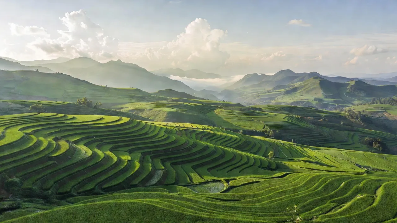 Xã Tả Ngải Chồ, huyện Mường Khương, Lào Cai, với ruộng bậc thang và đồi núi xanh tươi.