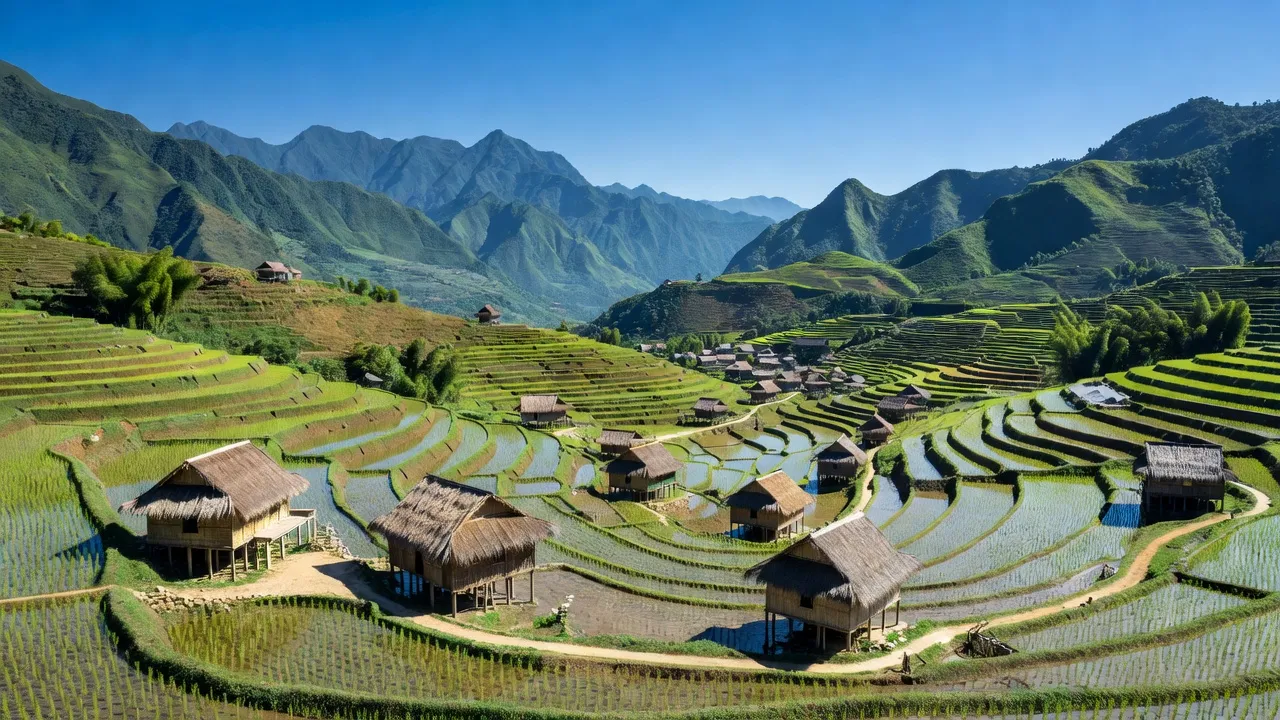 Cảnh đẹp xã Tả Thàng, Mường Khương, Lào Cai với đồi núi, ruộng bậc thang và nhà truyền thống.