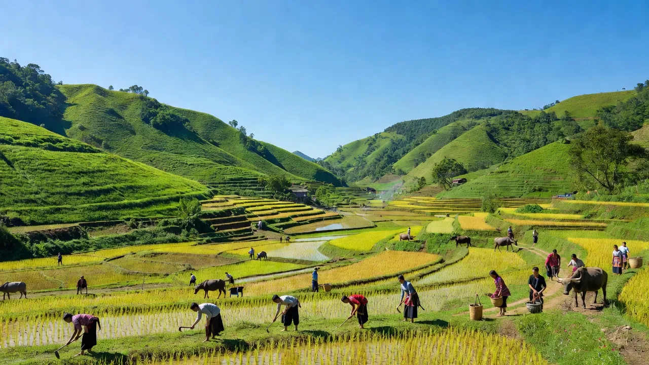 Khung cảnh thiên nhiên tươi đẹp tại Xã Thanh Bình, Huyện Mường Khương, nhấn mạnh địa hình đồi núi và nông nghiệp.