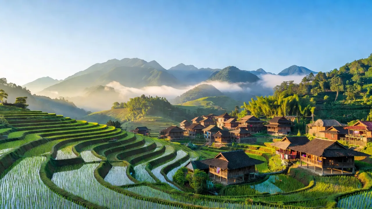 Cảnh đẹp Thị xã Sa Pa Lào Cai với ruộng bậc thang và núi mù sương.