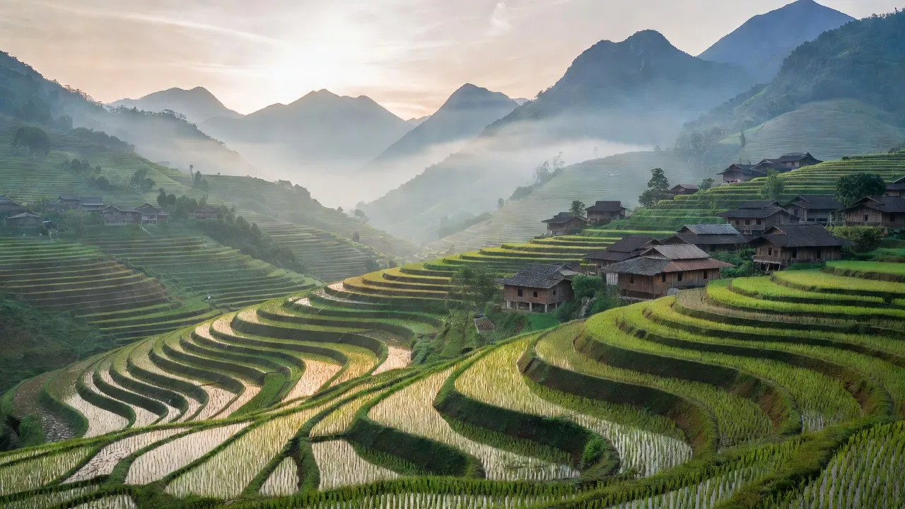 Cảnh đẹp Xã Bản Hồ, Sa Pa với ruộng bậc thang và nhà sàn truyền thống, miền núi yên bình.