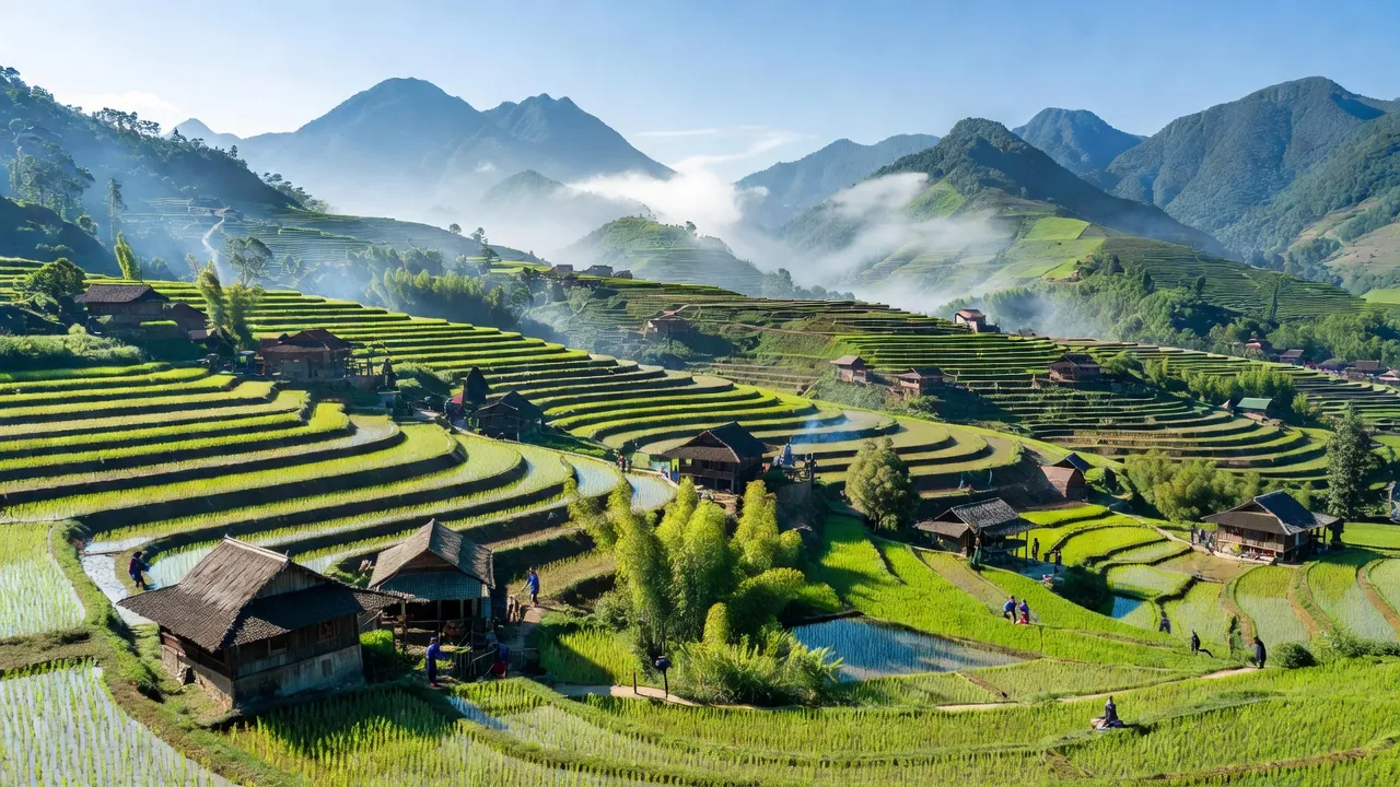 Khu vực nông thôn Bản Hồ, Sa Pa, với ruộng bậc thang và phong cảnh núi non yên bình.