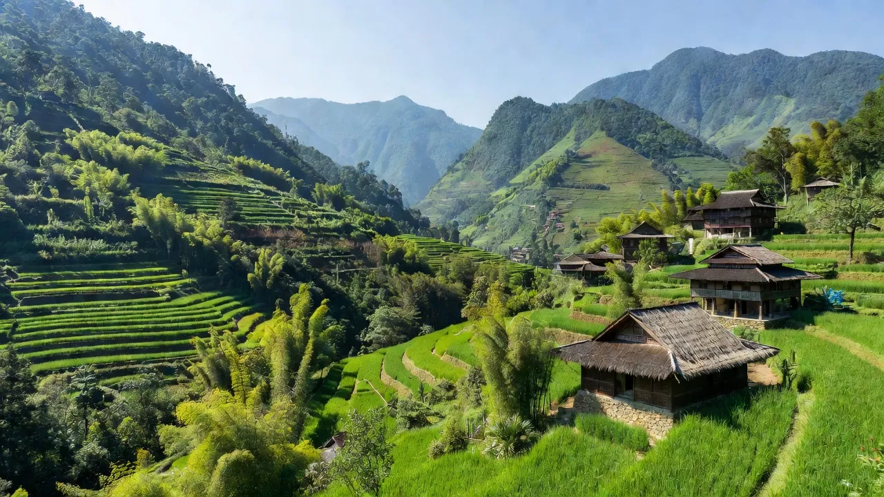 Khung cảnh đẹp của Phường Cầu Mây, Thị xã Sa Pa, Tỉnh Lào Cai với núi non xanh tươi.
