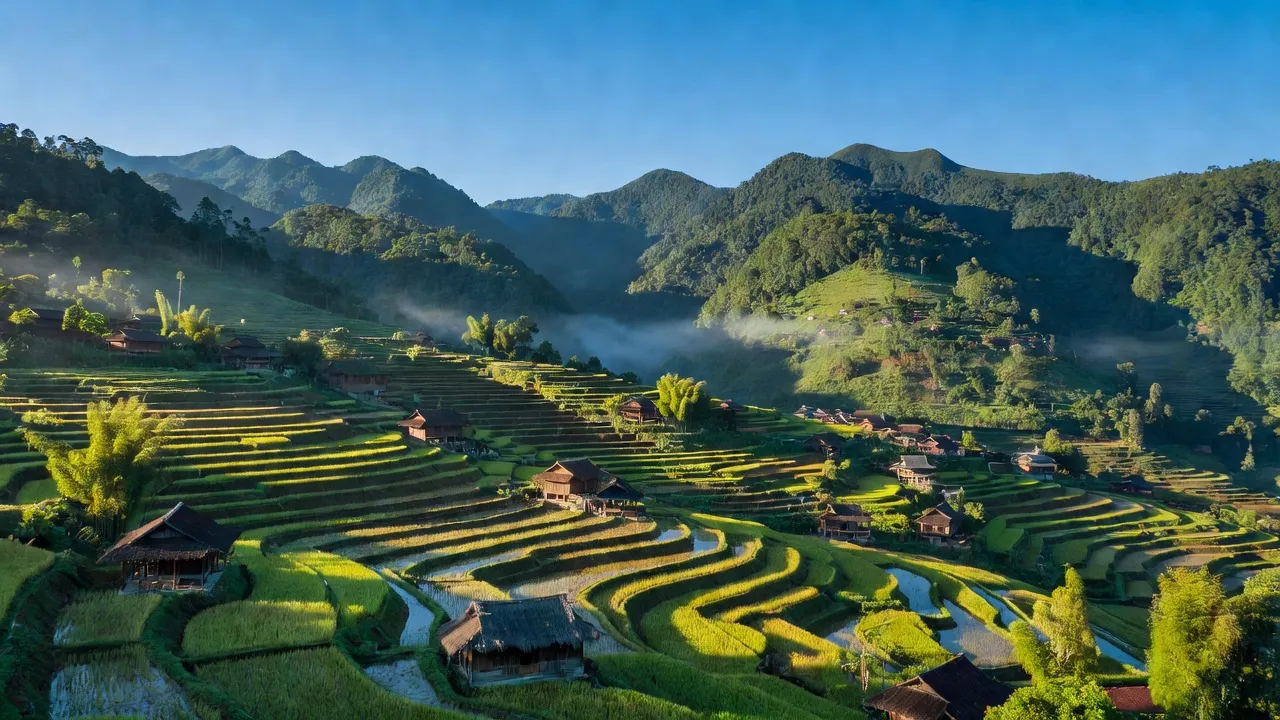 Cảnh sắc Phường Hàm Rồng, Sa Pa với núi non, ruộng bậc thang và nhà gỗ truyền thống.