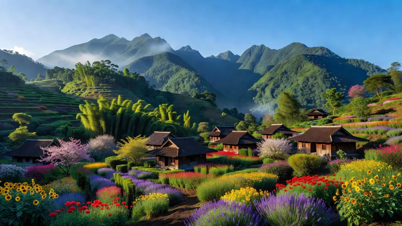 Khung cảnh Phường Hàm Rồng, Thị xã Sa Pa, Lào Cai với núi xanh và nhà gỗ truyền thống.