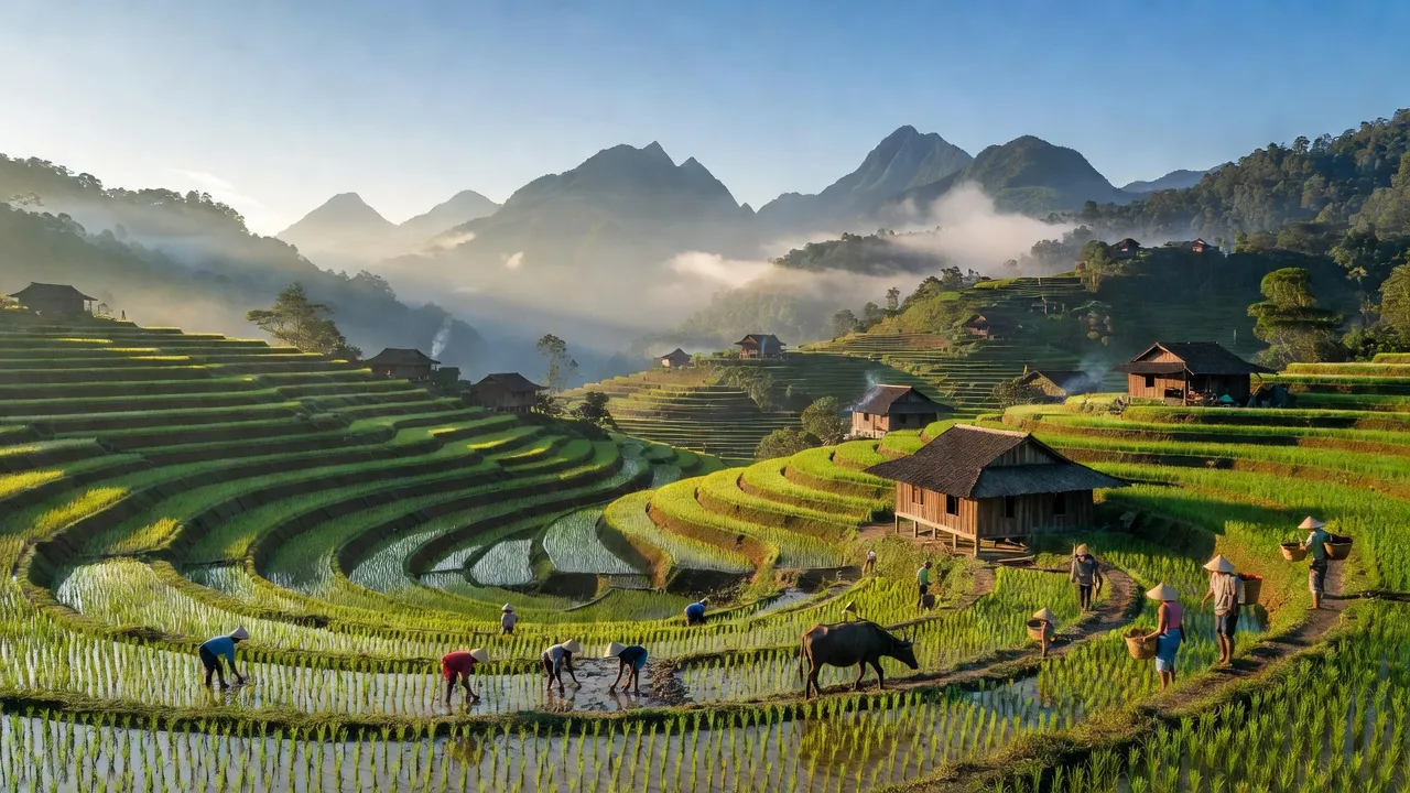 Cảnh đẹp xã Hoàng Liên, Thị xã Sa Pa, Lào Cai với ruộng bậc thang và núi misty.