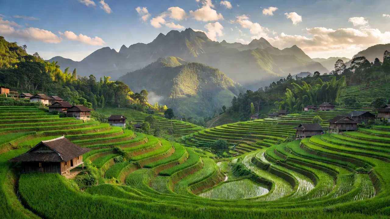 Khung cảnh tuyệt đẹp ở xã Hoàng Liên, Sa Pa, với ruộng bậc thang và dãy núi Hoàng Liên.