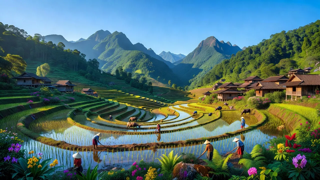 Khung cảnh đẹp của Xã Liên Minh, Thị xã Sa Pa, Lào Cai với cánh đồng và núi non xanh tươi.