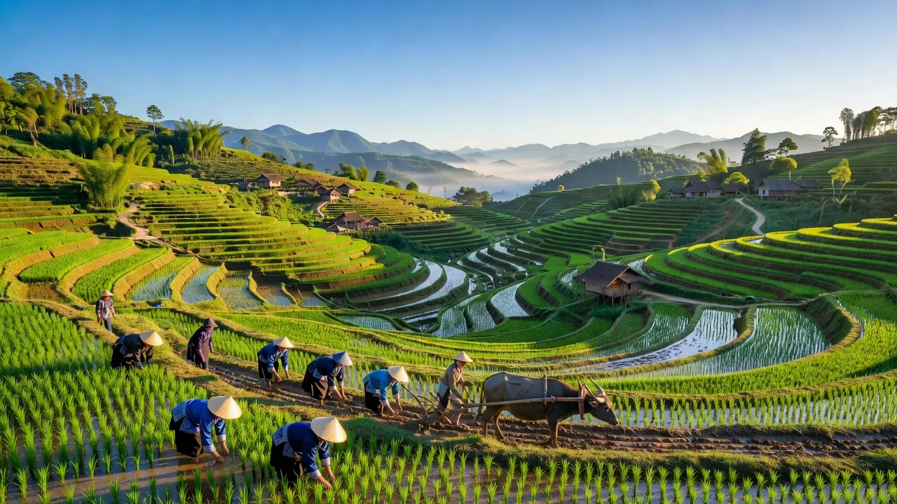 Khung cảnh xã Liên Minh, Thị xã Sa Pa, tỉnh Lào Cai với đồi núi và cánh đồng bậc thang.
