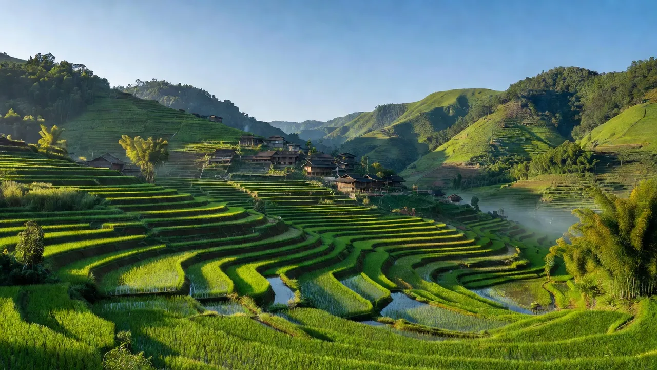 Khung cảnh xã Mường Bo, Thị xã Sa Pa, tỉnh Lào Cai với ruộng bậc thang xanh mướt.