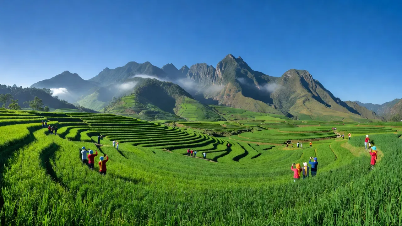 Phong cảnh Xã Mường Bo, Sa Pa, Lào Cai với cánh đồng, núi non và bầu trời xanh.