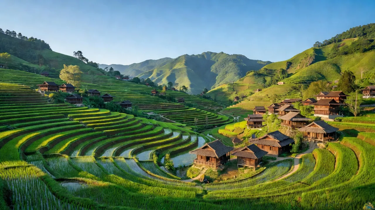 Khung cảnh Mường Hoa với ruộng bậc thang, nhà gỗ truyền thống, và đồi xanh Sa Pa, Lào Cai.