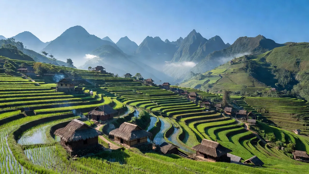 Cảnh đẹp xã Ngũ Chỉ Sơn, Sa Pa với núi non hùng vĩ và ruộng bậc thang xanh mướt.