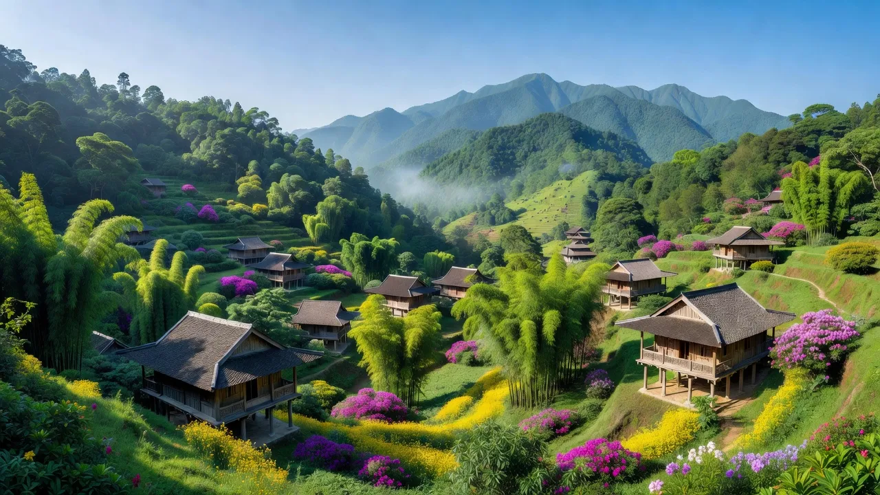 Cảnh quan đẹp của phường Ô Quý Hồ, Sa Pa, Lào Cai với nhà cửa và núi non xanh tươi.