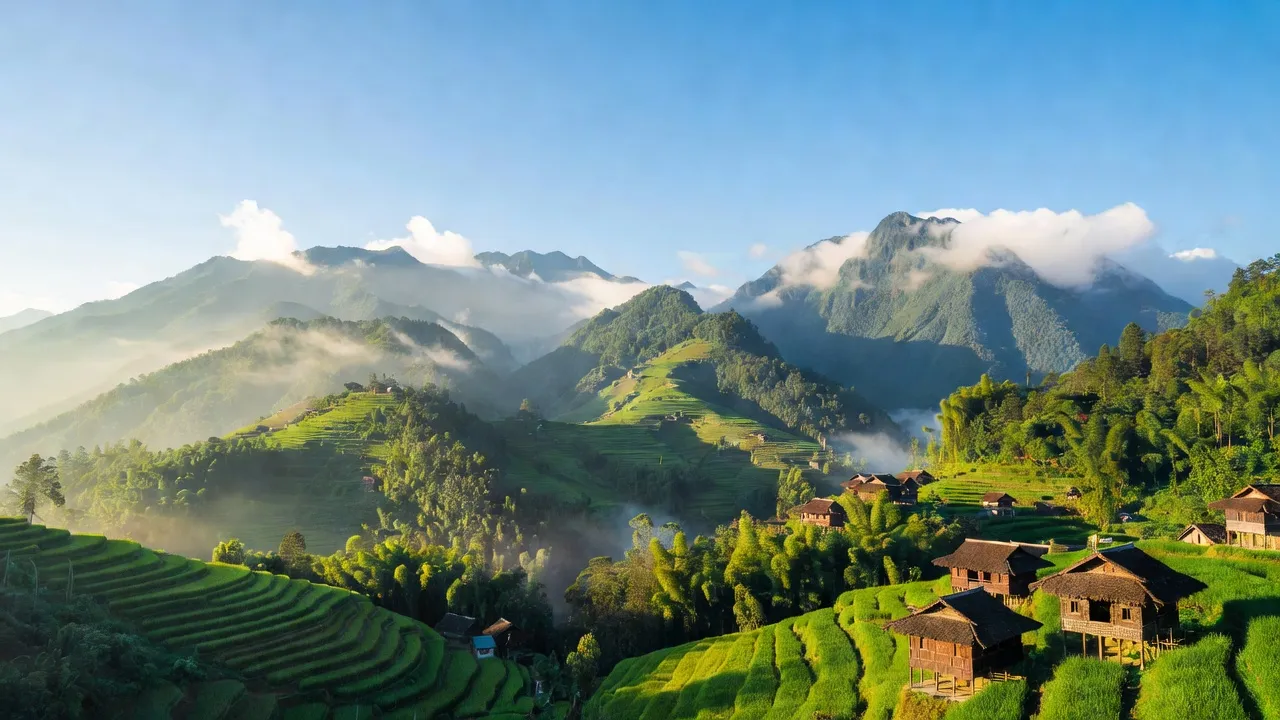 Phường Phan Si Păng tại Sa Pa, Lào Cai với đồi núi xanh, mây trời và nhà người dân tộc