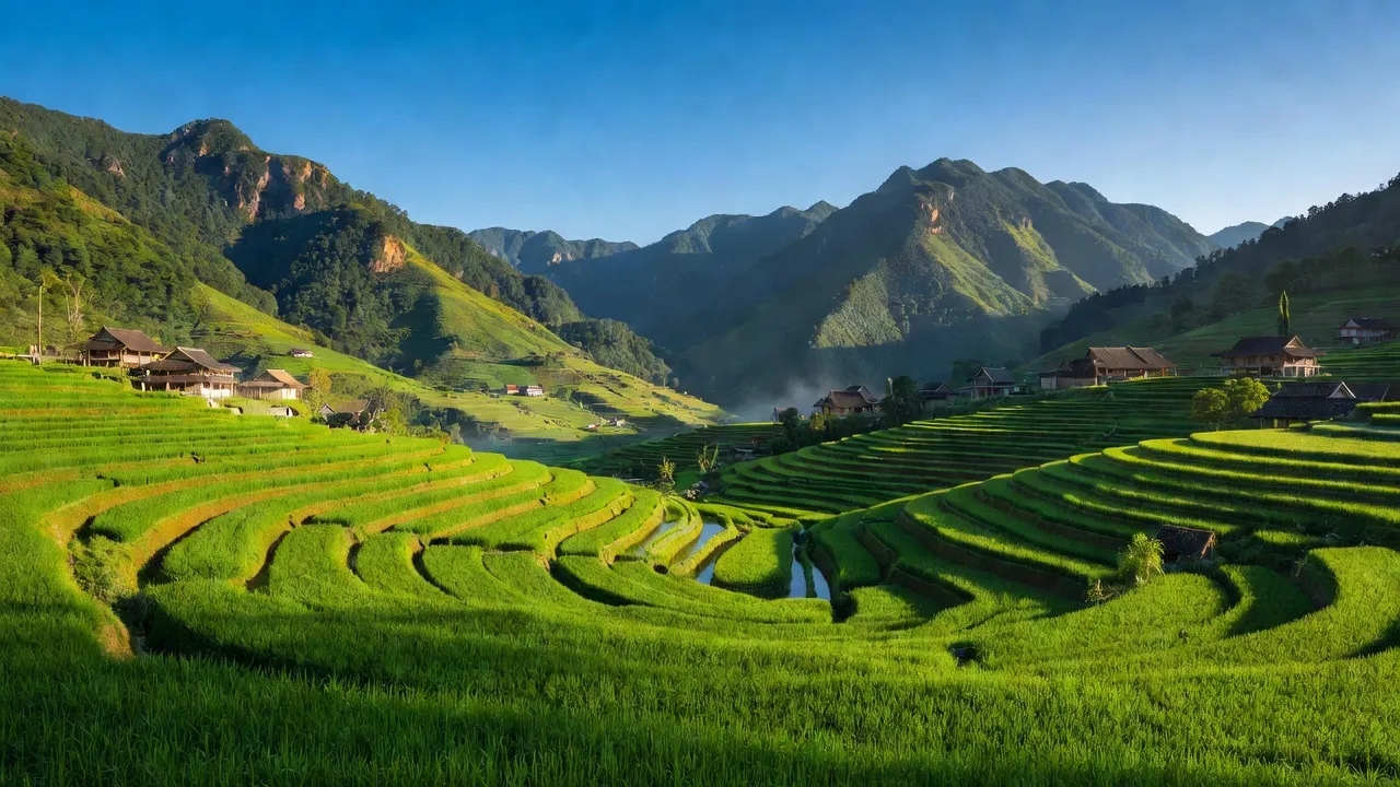 Cảnh đẹp Tả Van, Sa Pa với cánh đồng xanh, nhà truyền thống, và đồi núi, thời tiết tuyệt vời.