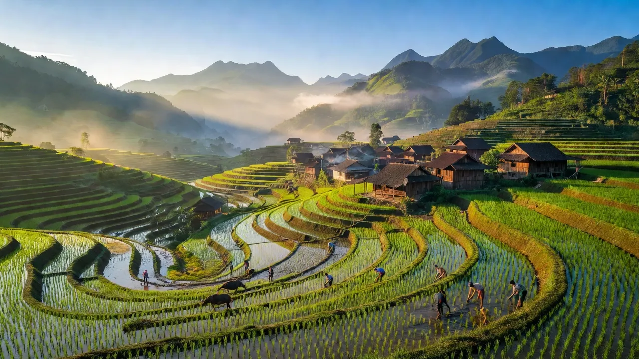 Khung cảnh nông thôn Xã Thanh Bình, Thị xã Sa Pa với đồng ruộng và núi non hùng vĩ.