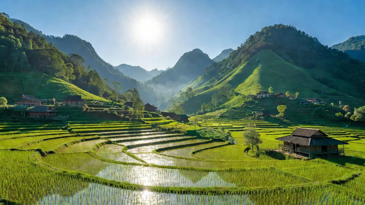 Xã Thanh Bình, Thị xã Sa Pa, Tỉnh Lào Cai với núi non và cánh đồng xanh tươi, ánh sáng rực rỡ.