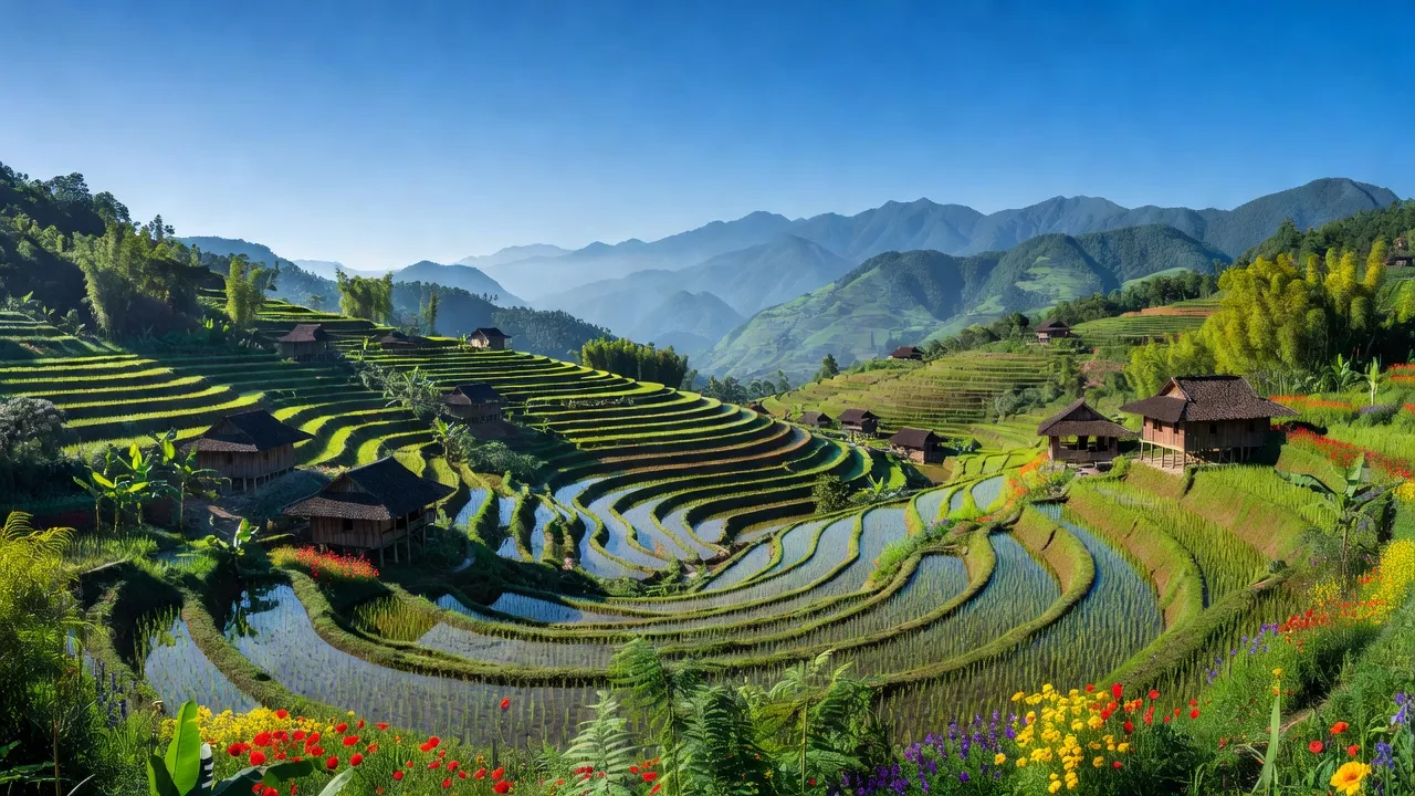Khung cảnh đẹp của Xã Trung Chải, Thị xã Sa Pa với các ruộng bậc thang và nhà sàn truyền thống.