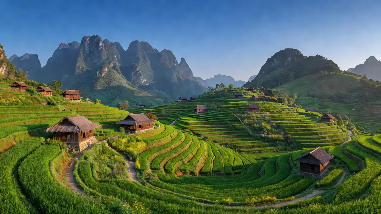 Khung cảnh huyện Si Ma Cai, tỉnh Lào Cai với núi non hùng vĩ và ruộng bậc thang.