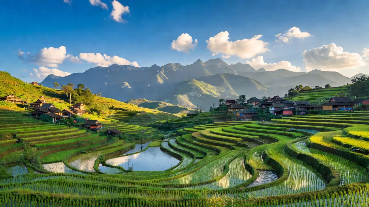 Khung cảnh núi non hùng vĩ huyện Si Ma Cai, Lào Cai, Việt Nam với cánh đồng lúa và nhà dân tộc.