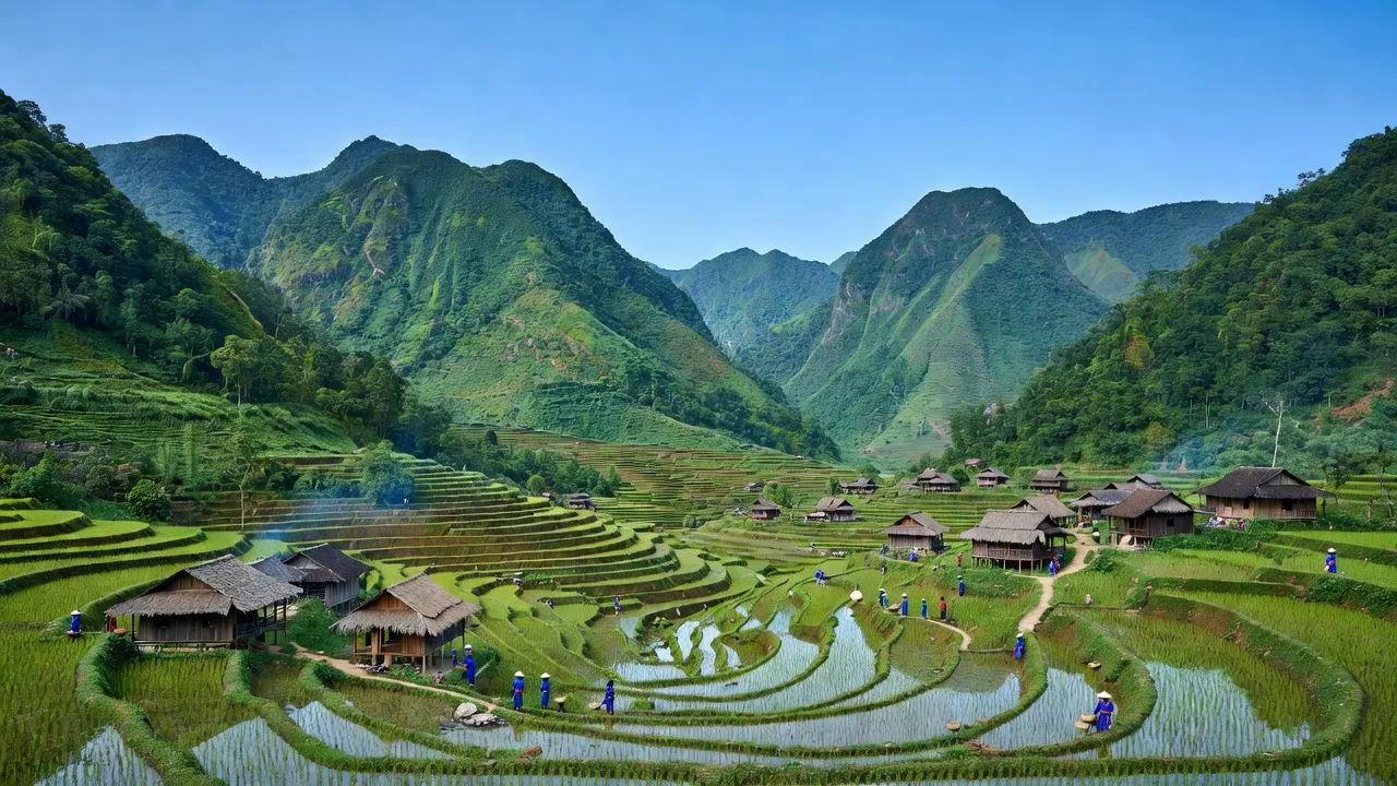 Cảnh quan Xã Bản Mế, Si Ma Cai với ruộng bậc thang và núi non xanh tươi, khí hậu mát mẻ.