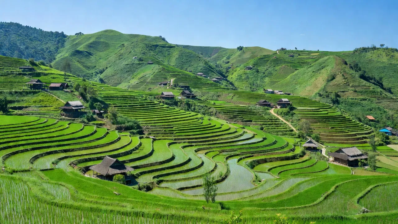 Khung cảnh Xã Bản Mế, Si Ma Cai với ruộng bậc thang và nhà truyền thống người Nùng.