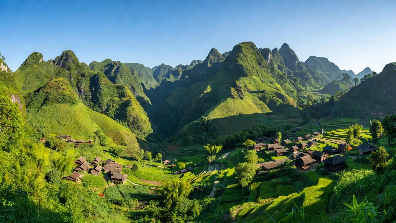 Cảnh quan xã Cán Cấu huyện Si Ma Cai với dãy núi đá vôi và thung lũng xanh tươi.