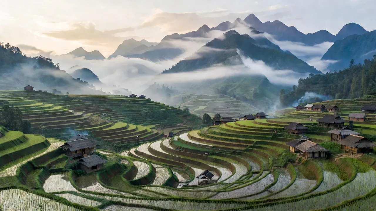 Cảnh sắc tuyệt đẹp của Xã Cán Cấu, Si Ma Cai với núi non và nhà truyền thống người Mông.