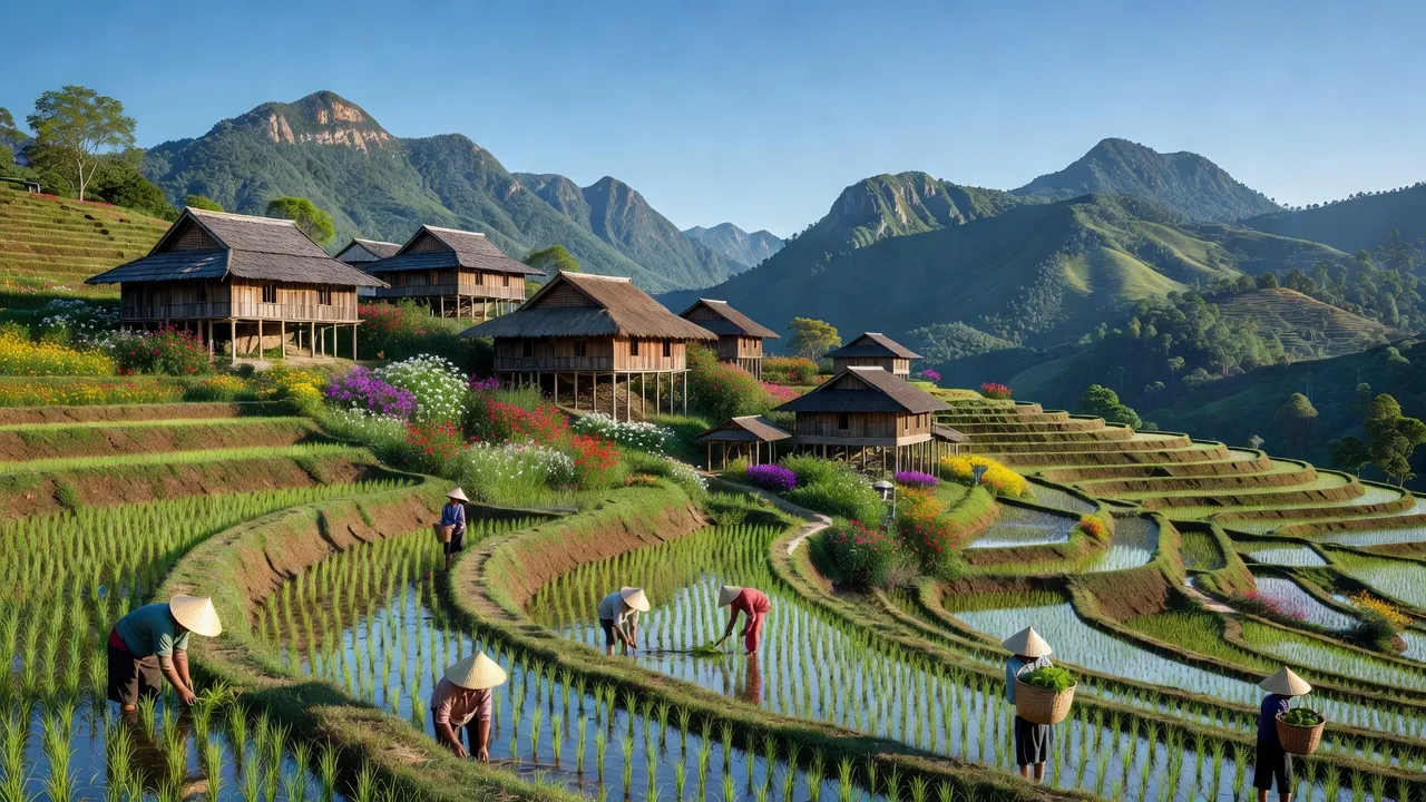 Cảnh đẹp xã Lùng Thẩn, Si Ma Cai, với nhà truyền thống và cánh đồng xanh mướt.