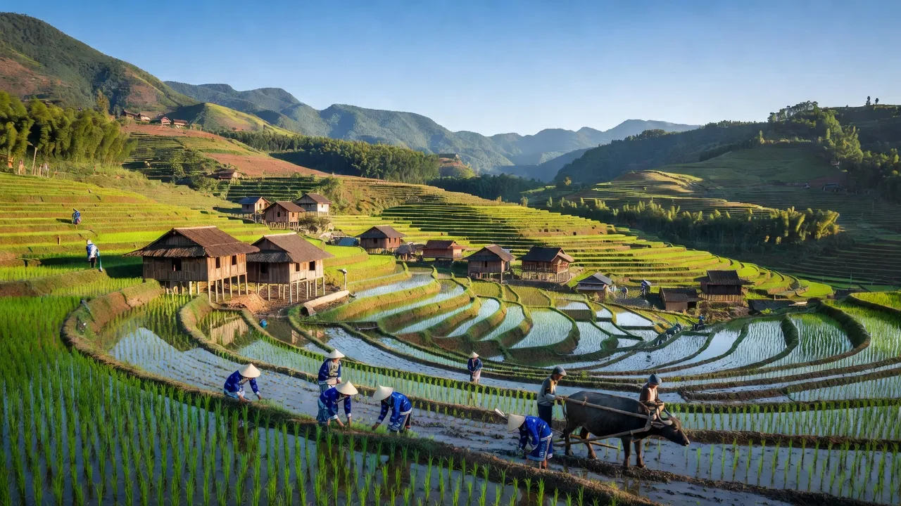 Khung cảnh làng Lùng Thẩn, huyện Si Ma Cai, tỉnh Lào Cai với ruộng bậc thang và người dân làm nông.