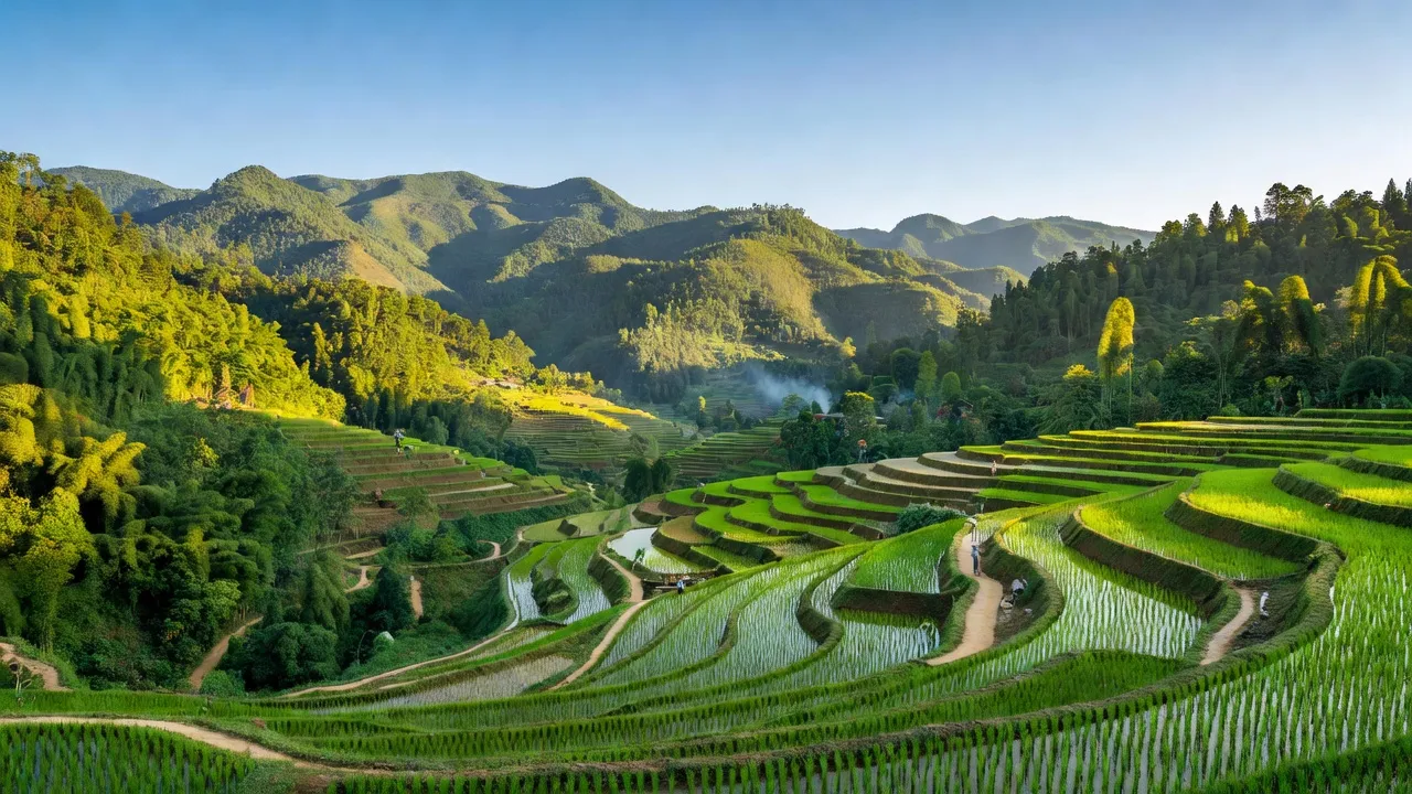 Cảnh đẹp xã Quan Hồ Thẩn, Si Ma Cai, Lào Cai với ruộng bậc thang và bầu trời sáng rõ.