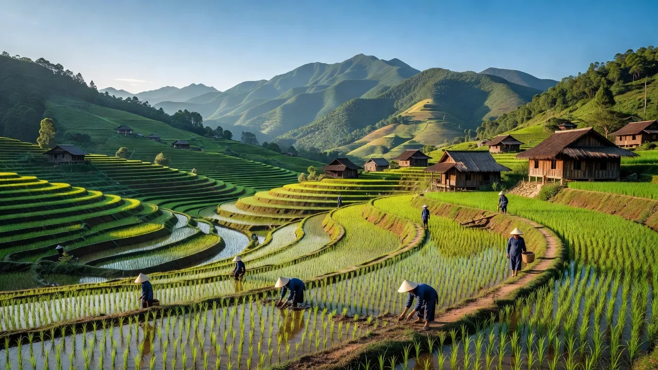 Quan Hồ Thẩn, Si Ma Cai, Lào Cai with terraced fields and mountains under blue sky.