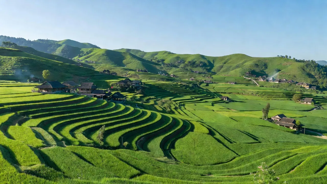 Cảnh đẹp xã Sín Chéng, Si Ma Cai, với đồi núi, cánh đồng xanh và nhà truyền thống.
