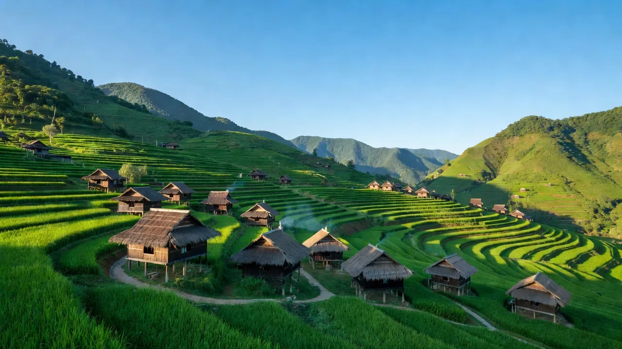 Cảnh quan núi non xanh tươi của Xã Sín Chéng, Huyện Si Ma Cai, với nhà truyền thống và bầu trời trong xanh.