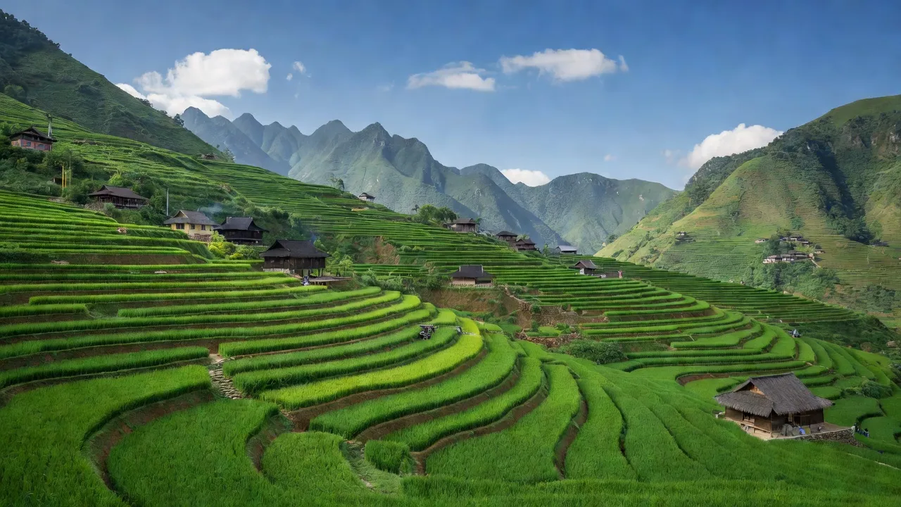 Khung cảnh ruộng bậc thang và nhà dân tộc Mông tại xã Thào Chư Phìn, huyện Si Ma Cai, Lào Cai.