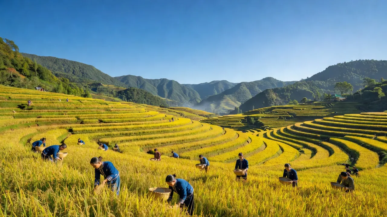 Xã Thào Chư Phìn, huyện Si Ma Cai có ruộng bậc thang và người dân tộc Mông chăm sóc mùa màng.