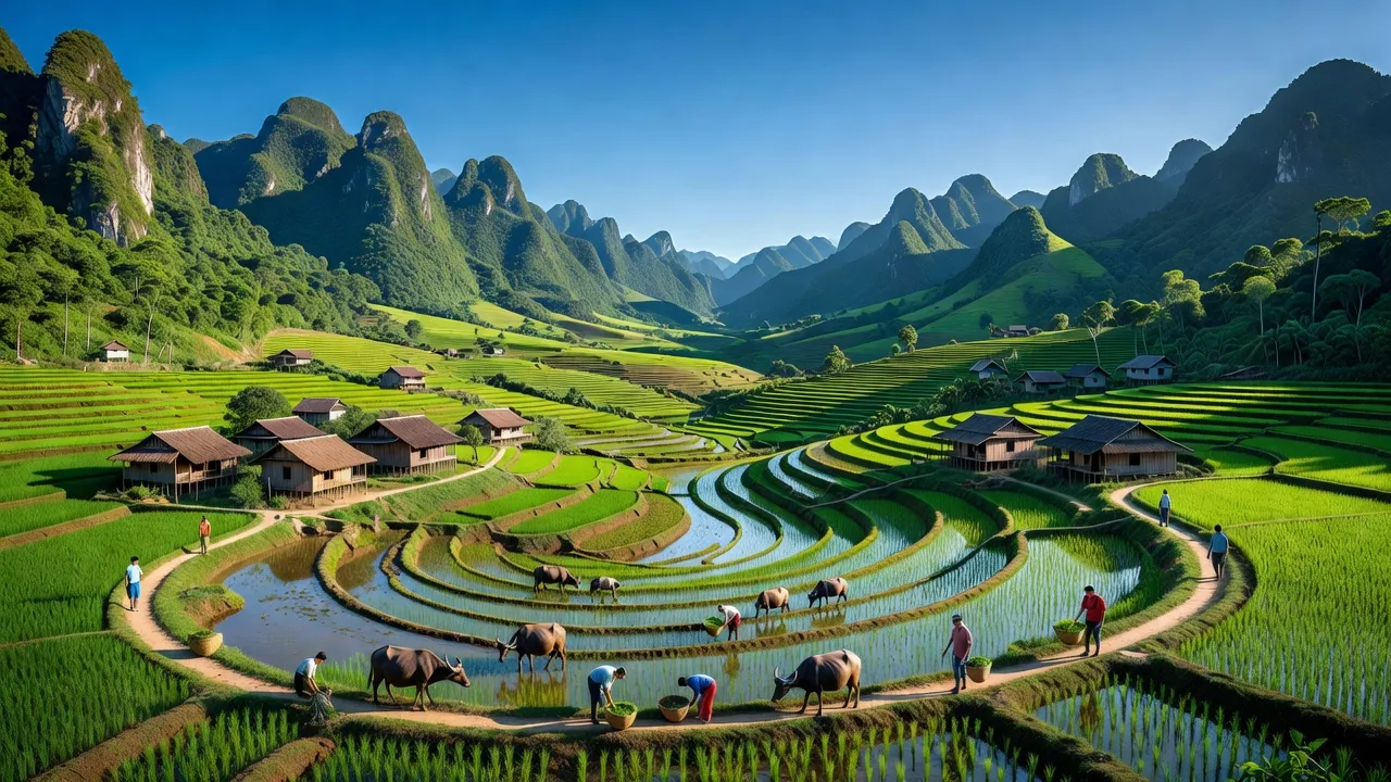 Quang cảnh huyện Văn Bàn, Lào Cai với núi non, thung lũng xanh tươi, và hoạt động nông nghiệp